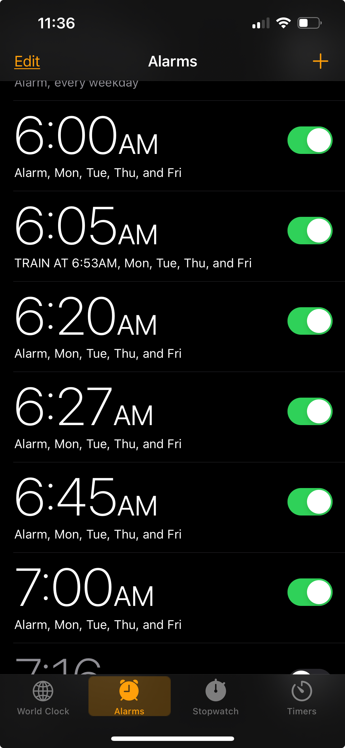 Screenshot of at least six alarms set to between 6 and 7 AM