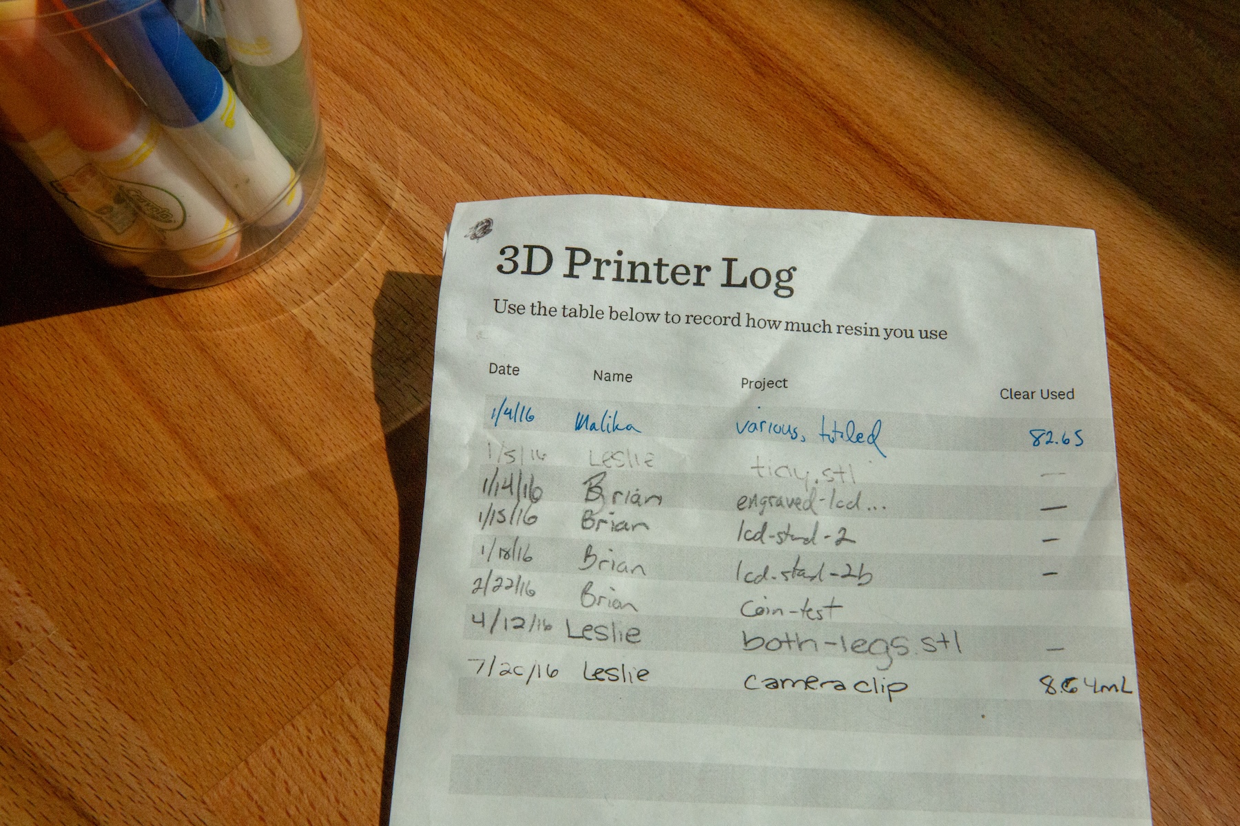 3D printer logs, with the last entry being from 2016