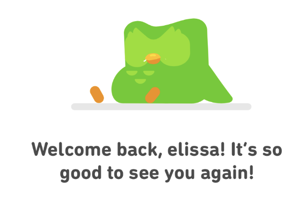 The Duo owl resting, with text below reading, 'Welcome back, elissa! It's so good to see you again!'