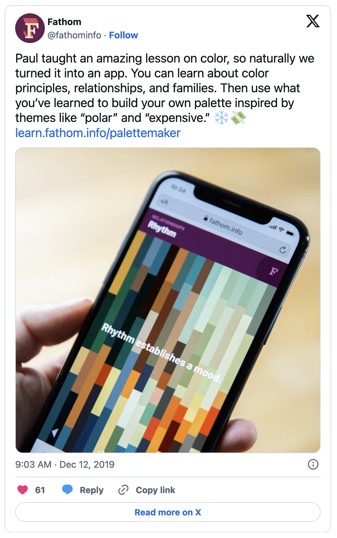 Tweet: Paul taught an amazing lesson on color, so naturally we turned it into an app. You can learn about color principles, relationships, and families. Then use what you've learned to build your own palette inspired by themes like 'polar' and 'expensive.'