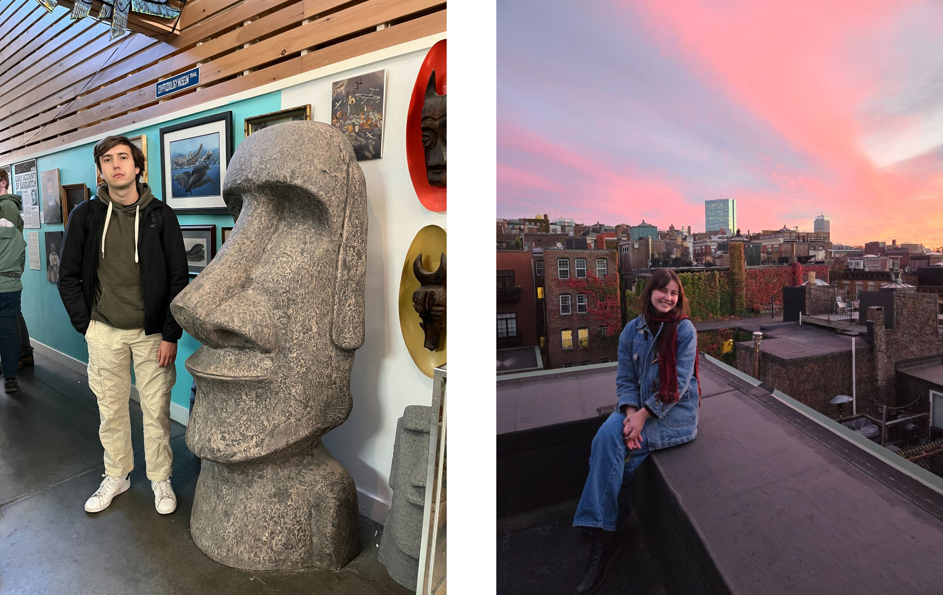 Chase stands, in a serious fashion, in front of a Moai statue. Laura sits on the office roof— in head-to-toe denim— with a view of the skyline and sunset behind her.